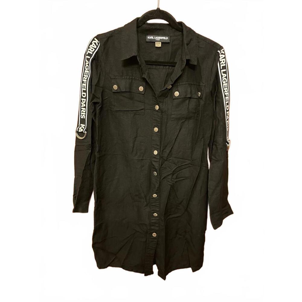 Karl Lagerfeld Paris Black Button-Up Shirt Dress with Logo Tape Sleeves Size 4 - Picture 3 of 6